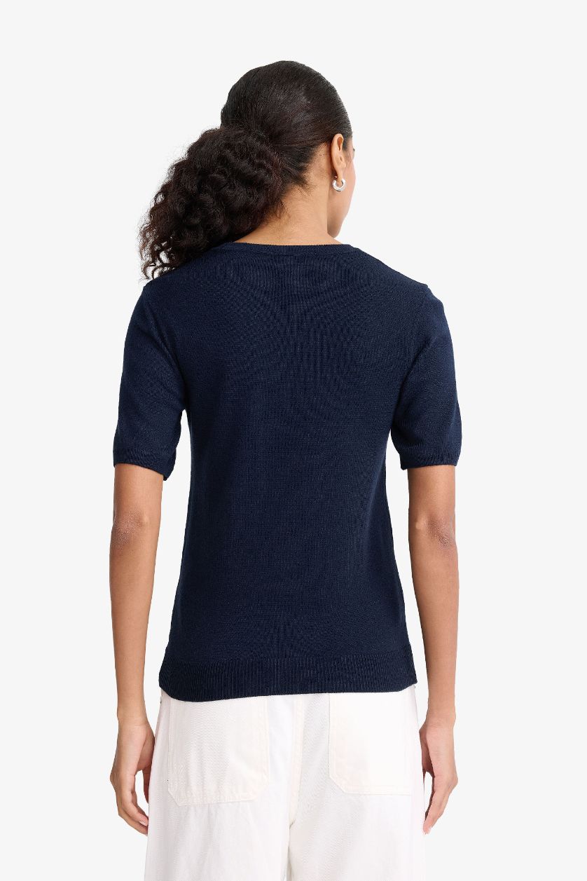 حريمي كحلي بلوفر تريكو نص كم قصة عادية برقبة مستديرة كحلي