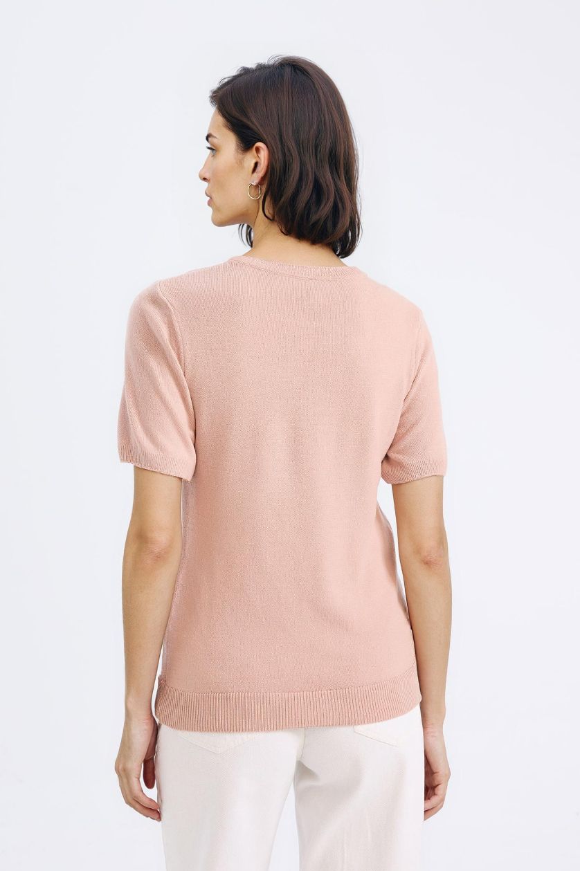 نساء وردي فاتح بلوز تريكو سادة بيزك قصة عادية بياخة مستديرة