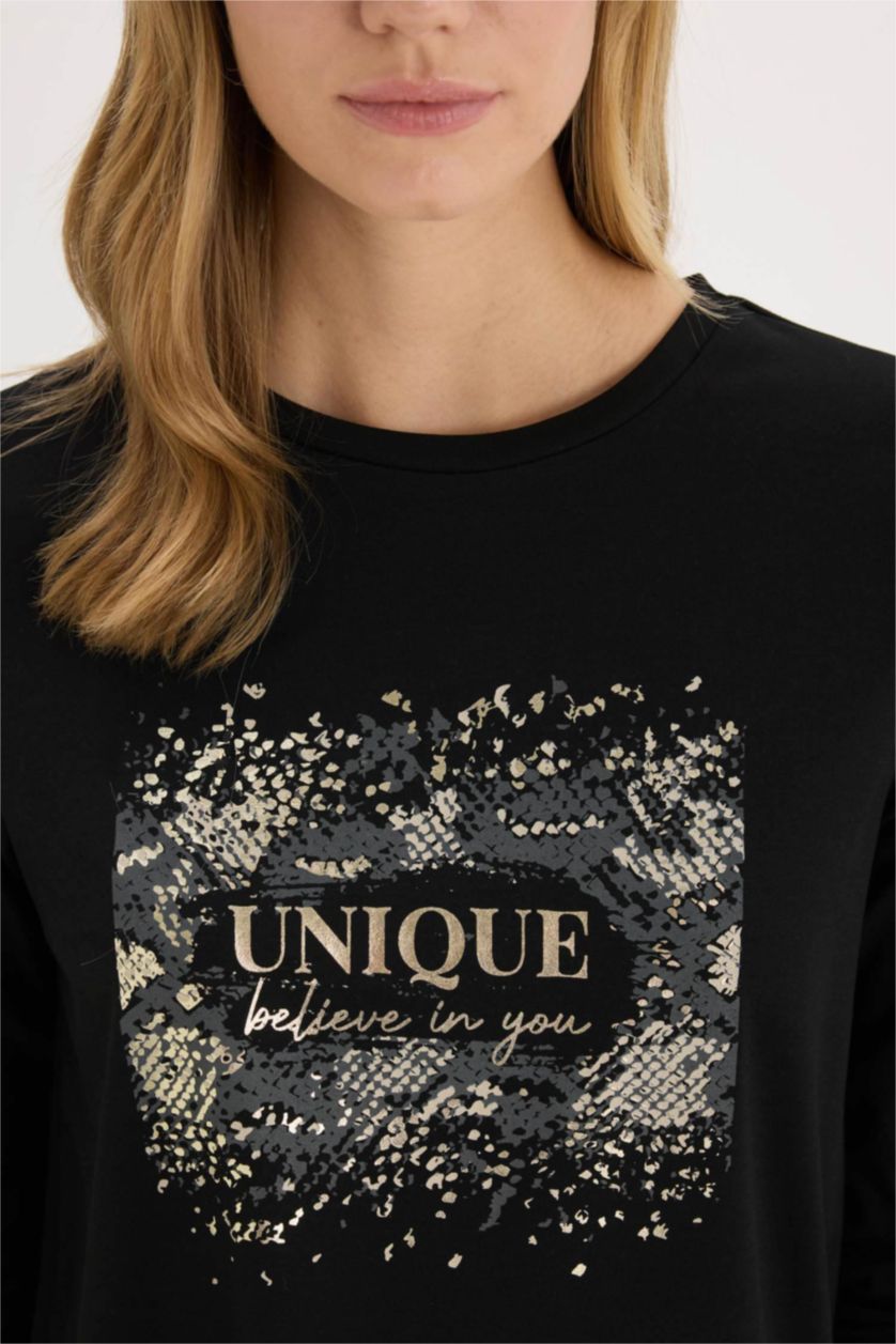 FEMME Noir T-shirt imprimé à manches longues et col rond de Fall in Love