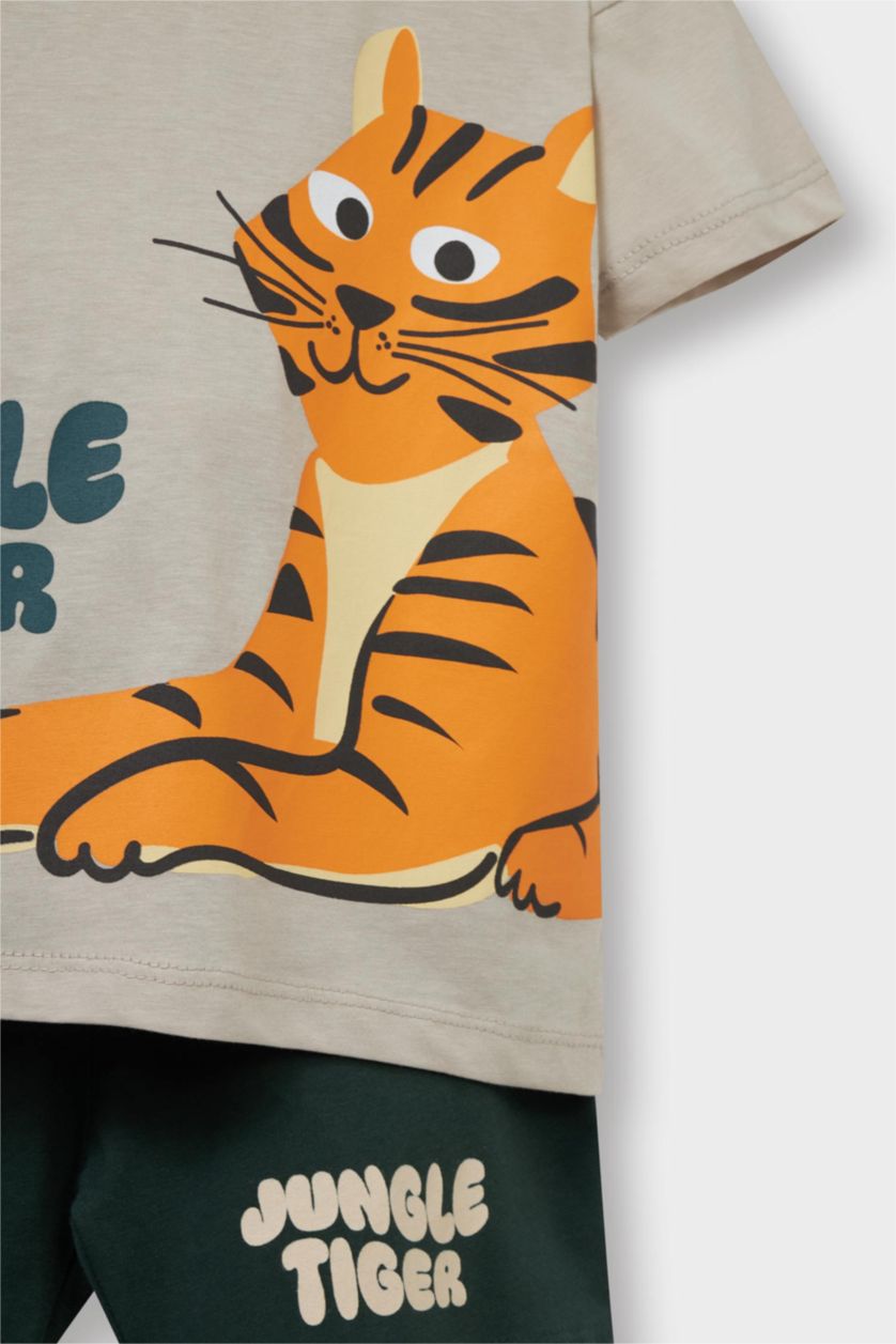 Erkek Bebek Bej 2'li Takım Baskılı Kısa Kollu Tişört Şort Erkek Bebek