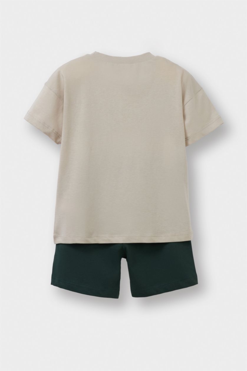 Erkek Bebek Bej 2'li Takım Baskılı Kısa Kollu Tişört Şort Erkek Bebek