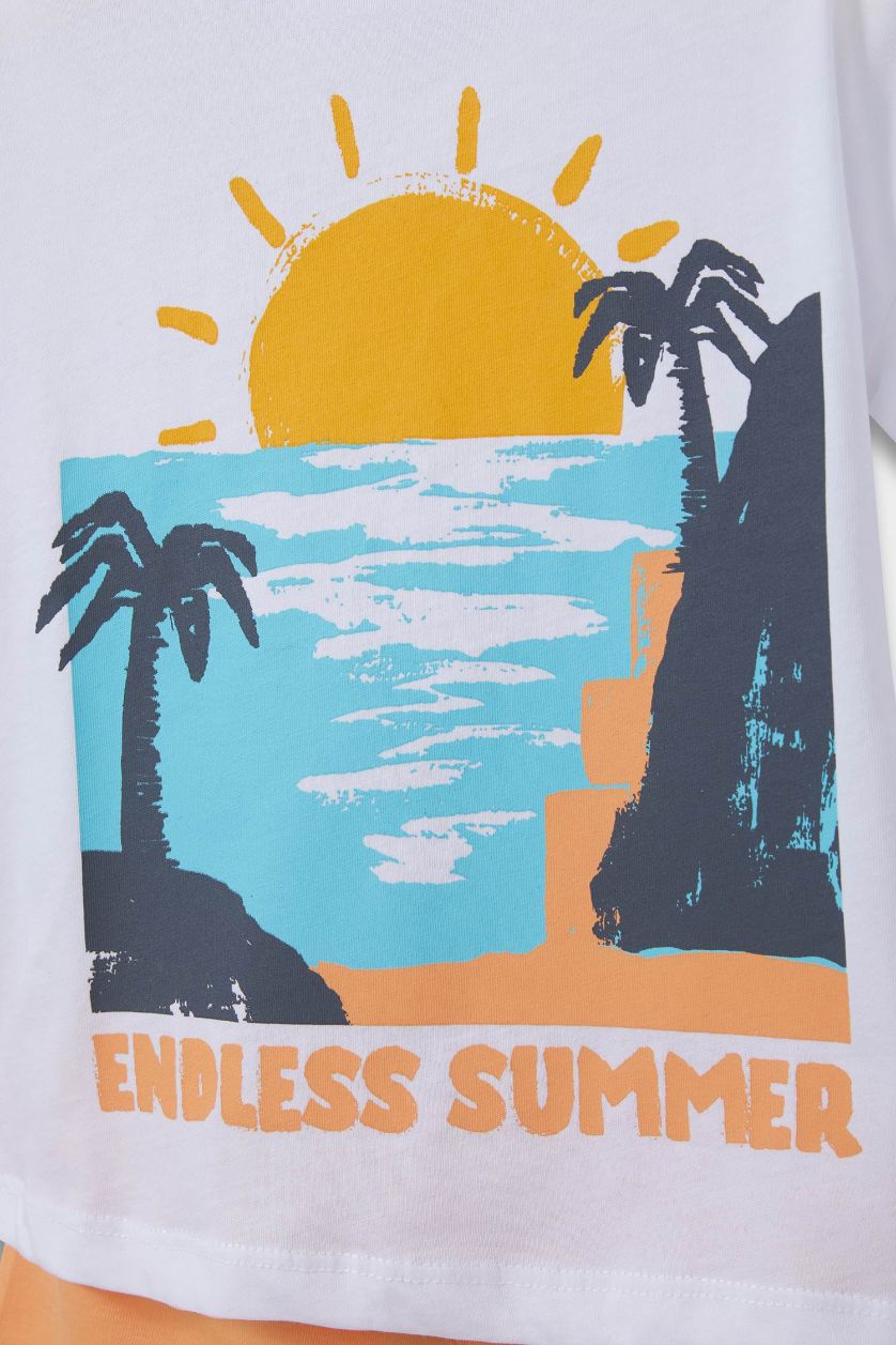 Erkek Bebek Beyaz 2'li Takım Palmiye Baskılı Kısa Kollu Tişört Beli Lastikli Şort Erkek Bebek