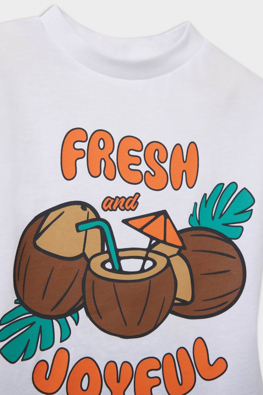 Erkek Bebek Beyaz 2'li Takım Baskılı Kısa Kollu Tişört Beli Lastikli Şort Erkek Bebek