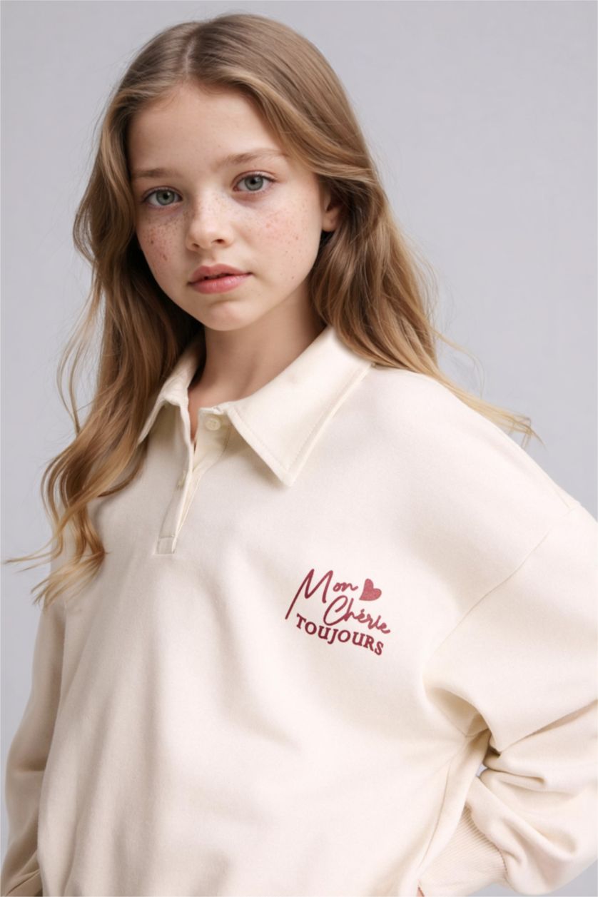 GIRLS & TEENS Ecru Girl Relax Fit Polo Neck Printed Sweatshirt