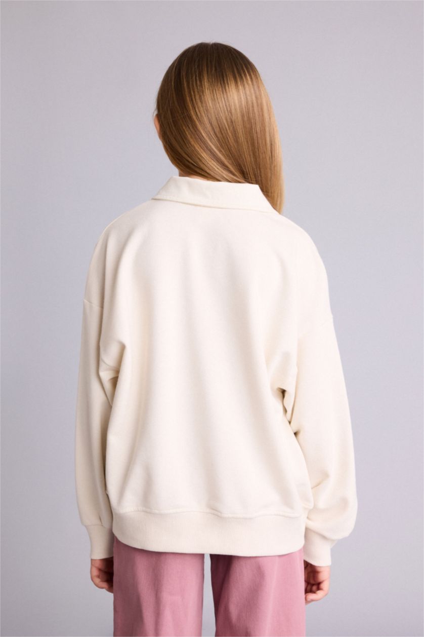 GIRLS & TEENS Ecru Girl Relax Fit Polo Neck Printed Sweatshirt