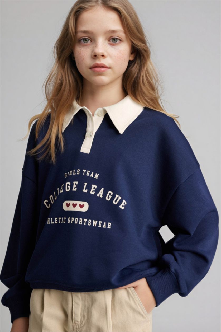 بناتي كحلي سويت شيرت بناتي مطبوع قصة مريحة وياقة بولو