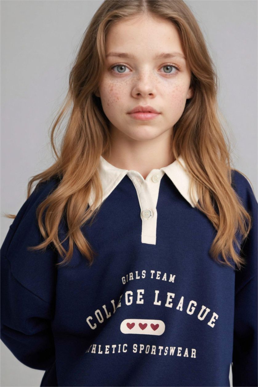 بناتي كحلي سويت شيرت بناتي مطبوع قصة مريحة وياقة بولو