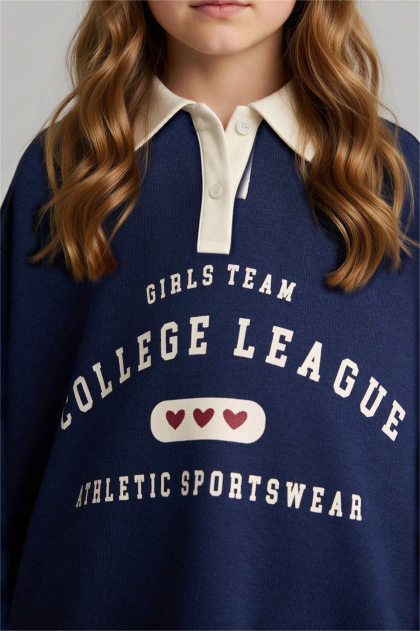 بناتي كحلي سويت شيرت بناتي مطبوع قصة مريحة وياقة بولو