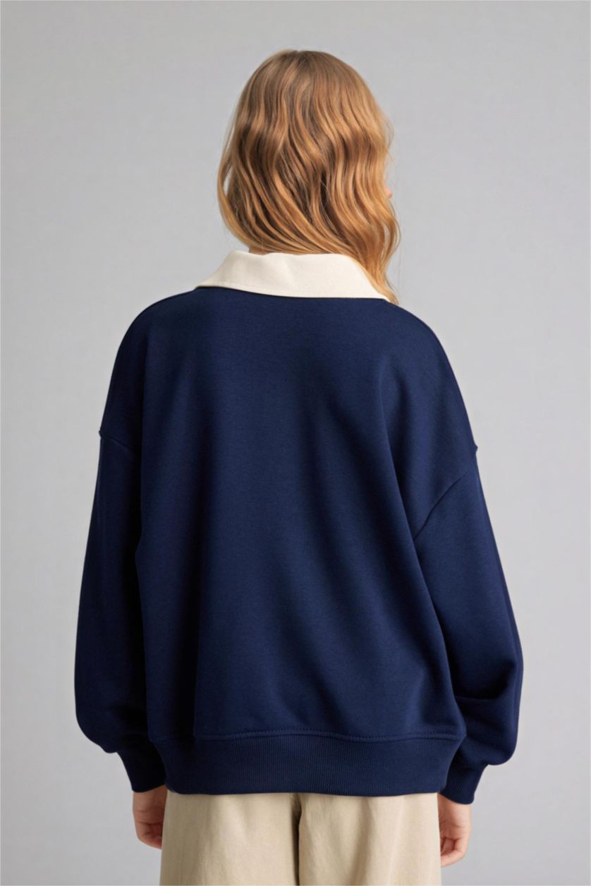 بناتي كحلي سويت شيرت بناتي مطبوع قصة مريحة وياقة بولو