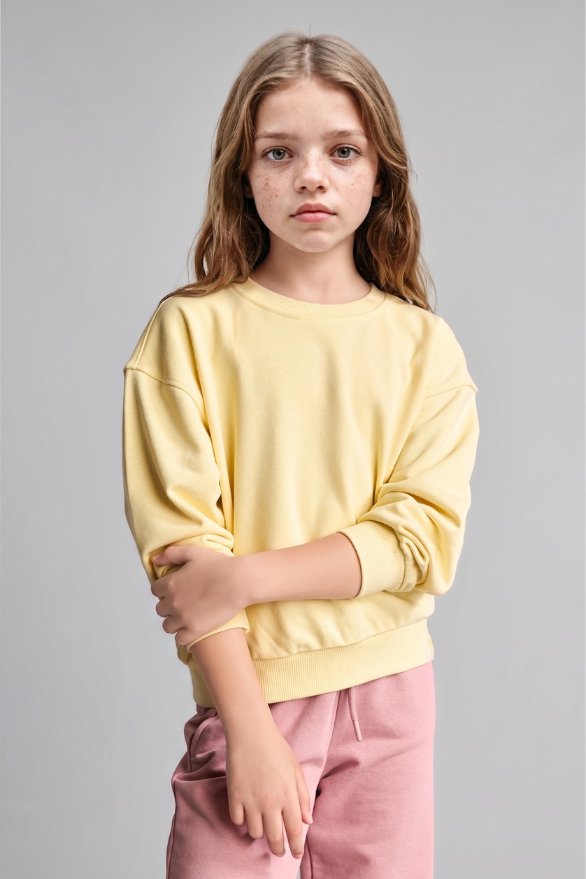 Kız Çocuk - Genç Kız Açık Sarı Relax Fıt Basic Sweatshırt Kız Çocuk