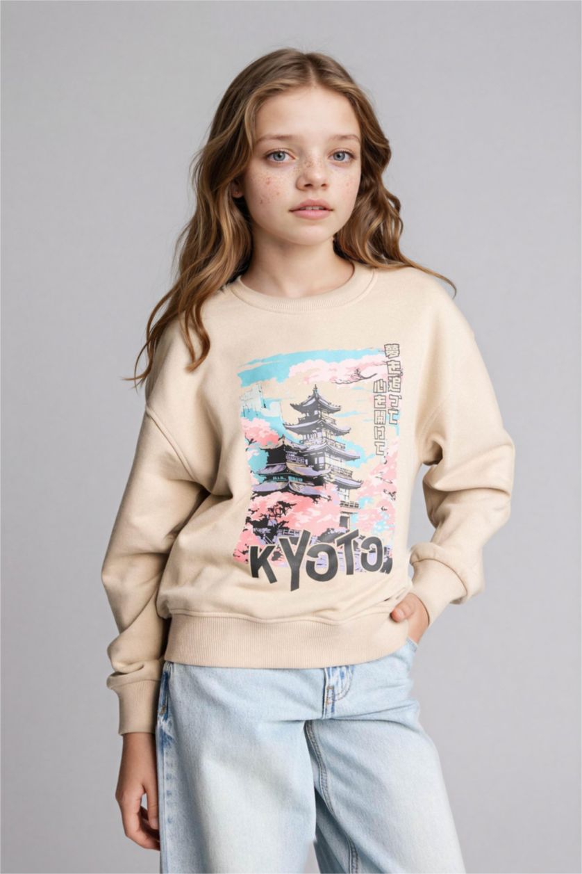 Kız Çocuk - Genç Kız Kum Relax Fit Bisiklet Yaka Baskılı Sweatshirt Kız Çocuk