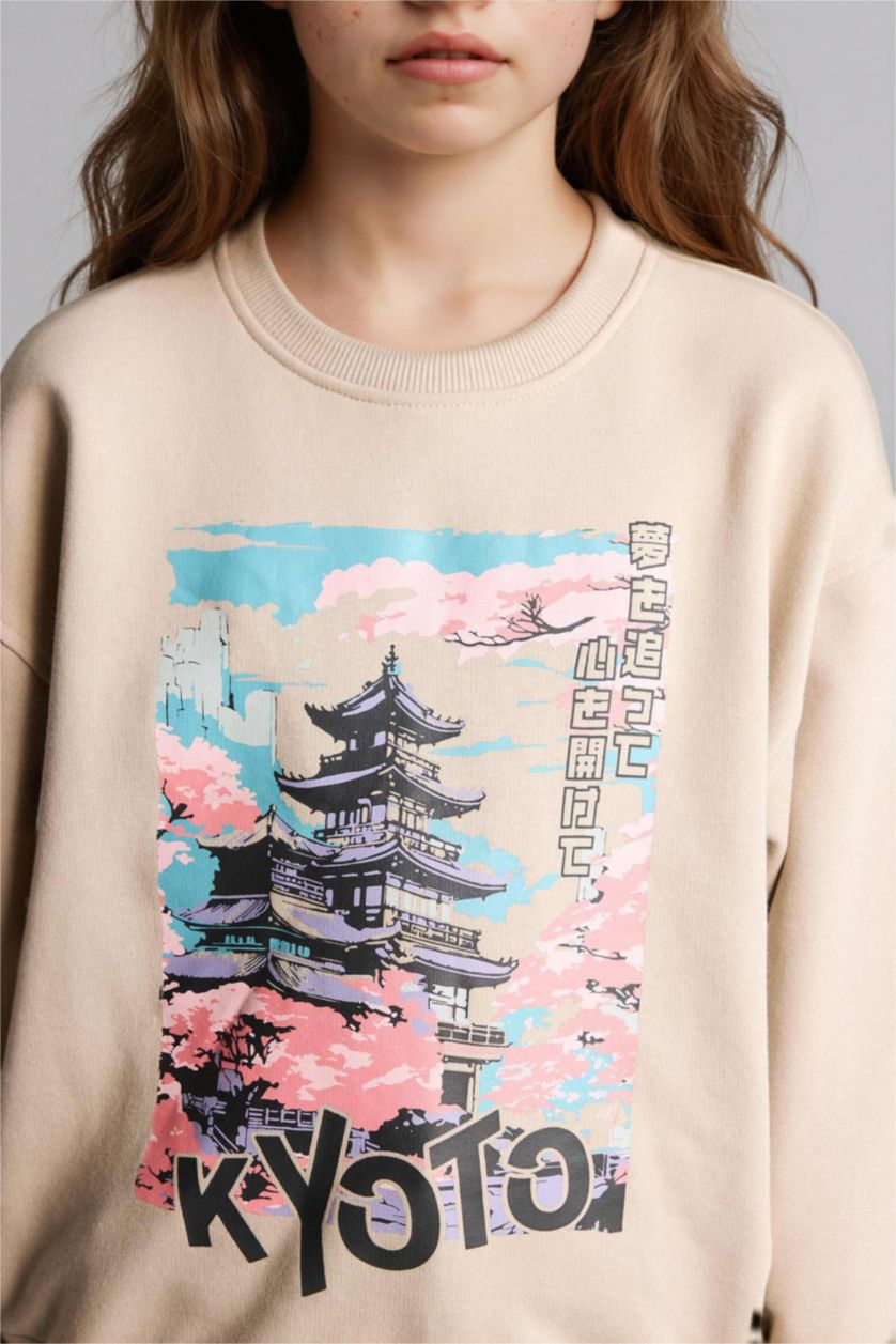 Kız Çocuk - Genç Kız Kum Relax Fit Bisiklet Yaka Baskılı Sweatshirt Kız Çocuk