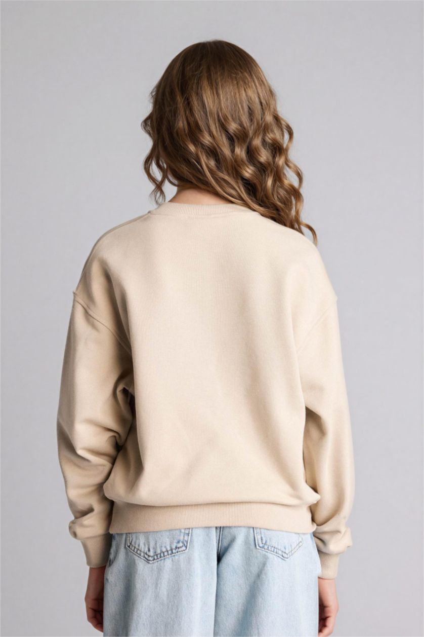 Kız Çocuk - Genç Kız Kum Relax Fit Bisiklet Yaka Baskılı Sweatshirt Kız Çocuk