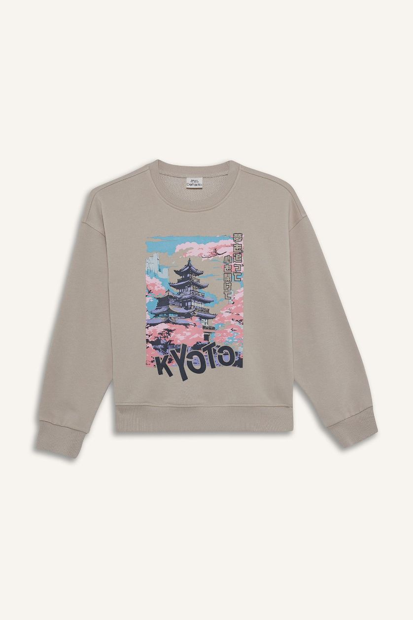 Kız Çocuk - Genç Kız Kum Relax Fit Bisiklet Yaka Baskılı Sweatshirt Kız Çocuk