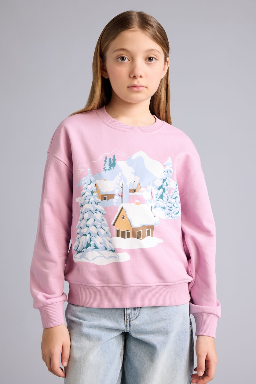 Kız Çocuk - Genç Kız Pembe Relax Fit Bisiklet Yaka Baskılı Sweatshirt Kız Çocuk