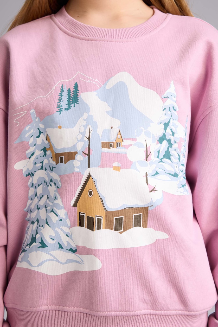Kız Çocuk - Genç Kız Pembe Relax Fit Bisiklet Yaka Baskılı Sweatshirt Kız Çocuk