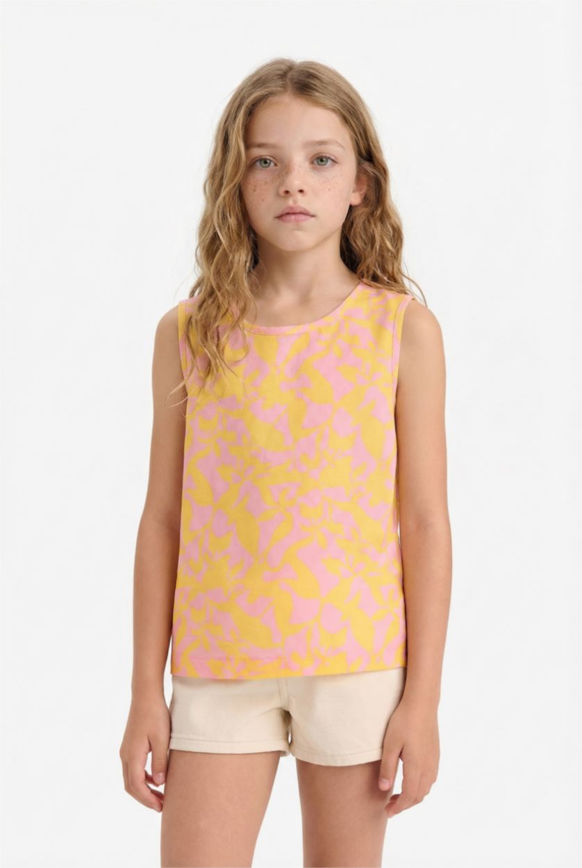 Kız Çocuk - Genç Kız Pembe Bisiklet Yaka Desenli Kolsuz Bluz Kız Çocuk