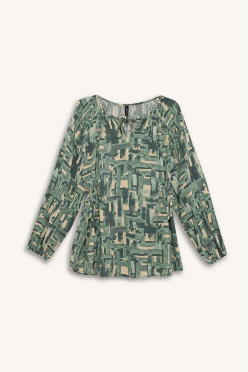 Kadın Açık Yeşil Regular Fit Büzgülü Yaka Desenli Uzun Kollu Bluz