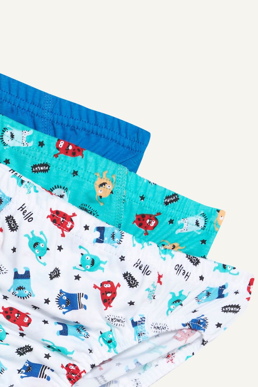 Boys & Teens White Boy Monster Printed 3 Piece Slip Panties