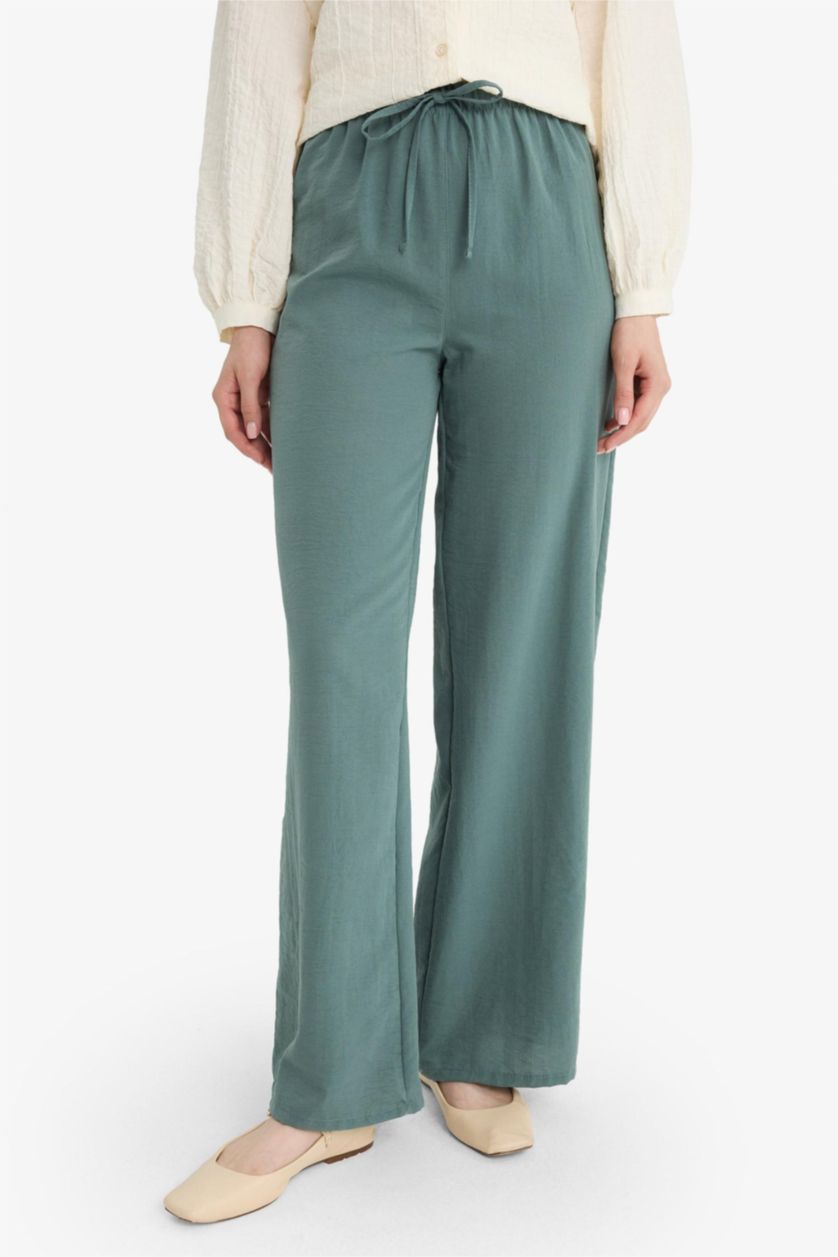 Kadın Yeşil Wide Leg Beli Lastikli Aerobin Pantolon