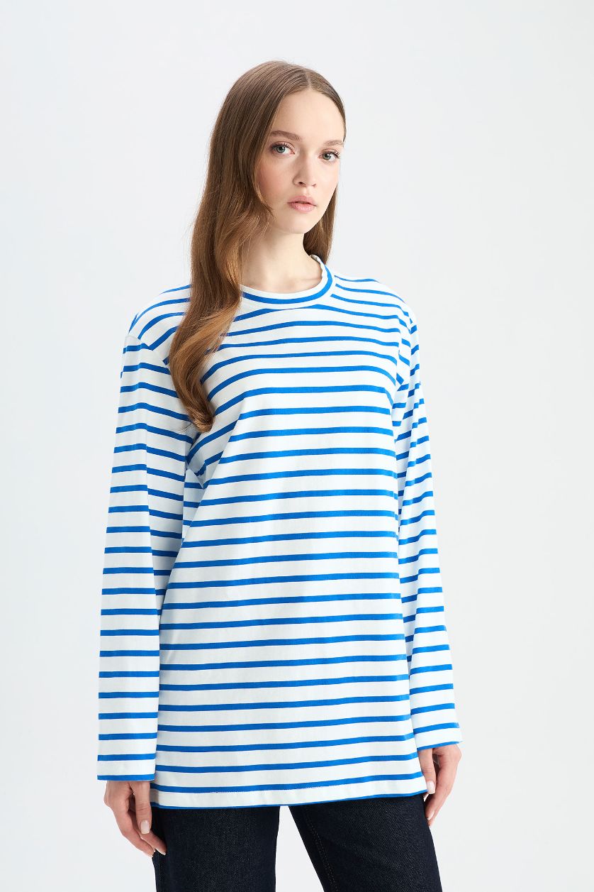 Woman Light Blue Regular Fit Crew Neck Striped T-Shirt Tunic
