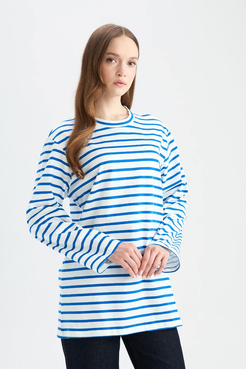 Woman Light Blue Regular Fit Crew Neck Striped T-Shirt Tunic