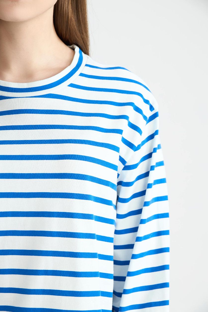 Woman Light Blue Regular Fit Crew Neck Striped T-Shirt Tunic