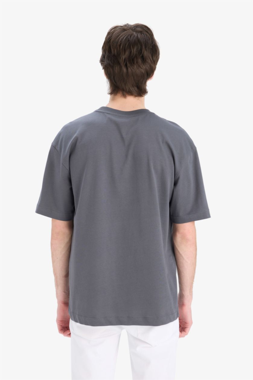 Erkek Antrasit %100 Pamuk Oversize Geniş Kalıp Bisiklet Yaka Basic Düz Kısa Kollu Tişört