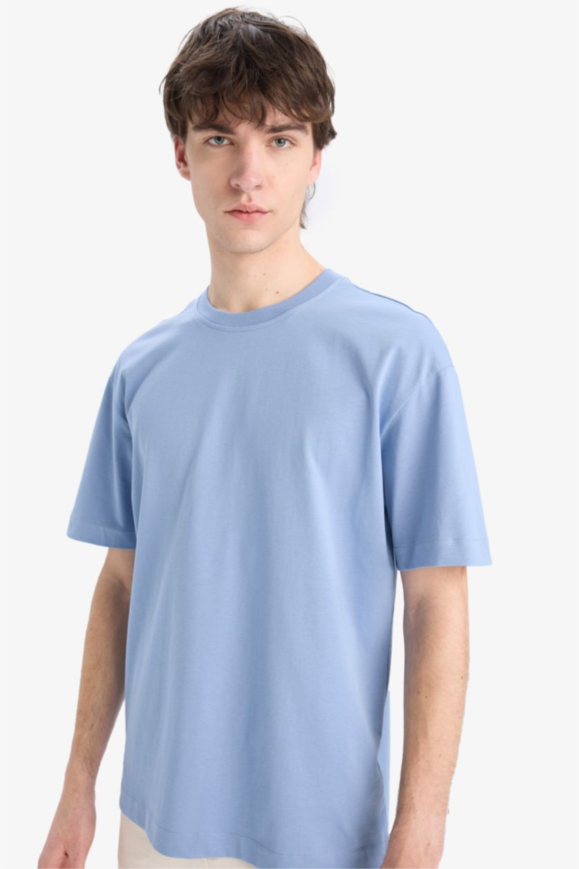 Erkek Mavi %100 Pamuk Oversize Geniş Kalıp Bisiklet Yaka Basic Düz Kısa Kollu Tişört