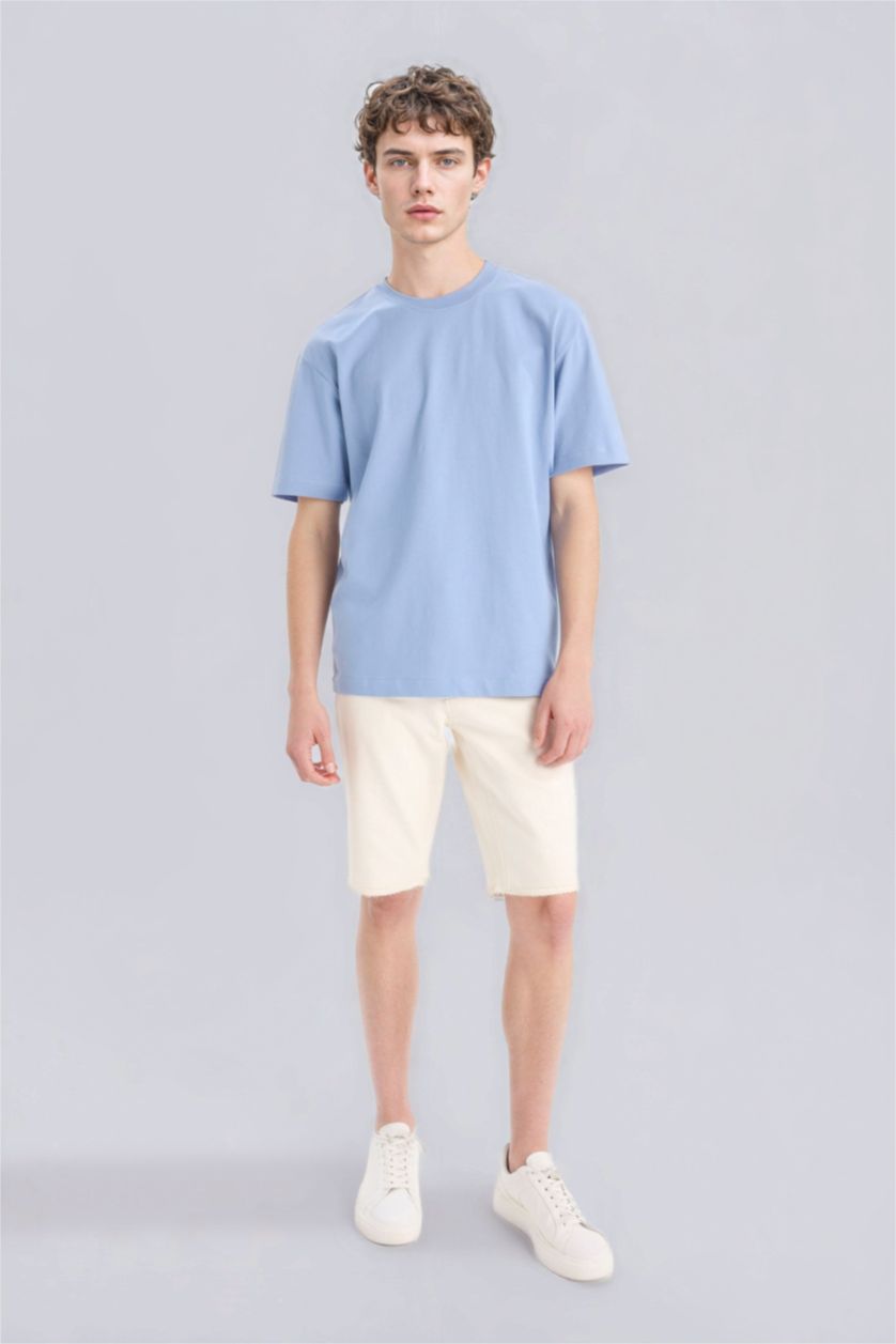 Erkek Mavi %100 Pamuk Oversize Geniş Kalıp Bisiklet Yaka Basic Düz Kısa Kollu Tişört