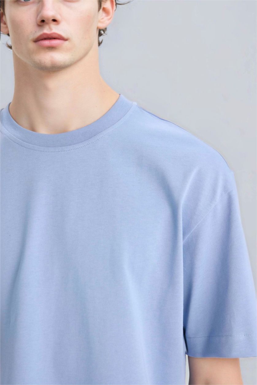 Erkek Mavi %100 Pamuk Oversize Geniş Kalıp Bisiklet Yaka Basic Düz Kısa Kollu Tişört