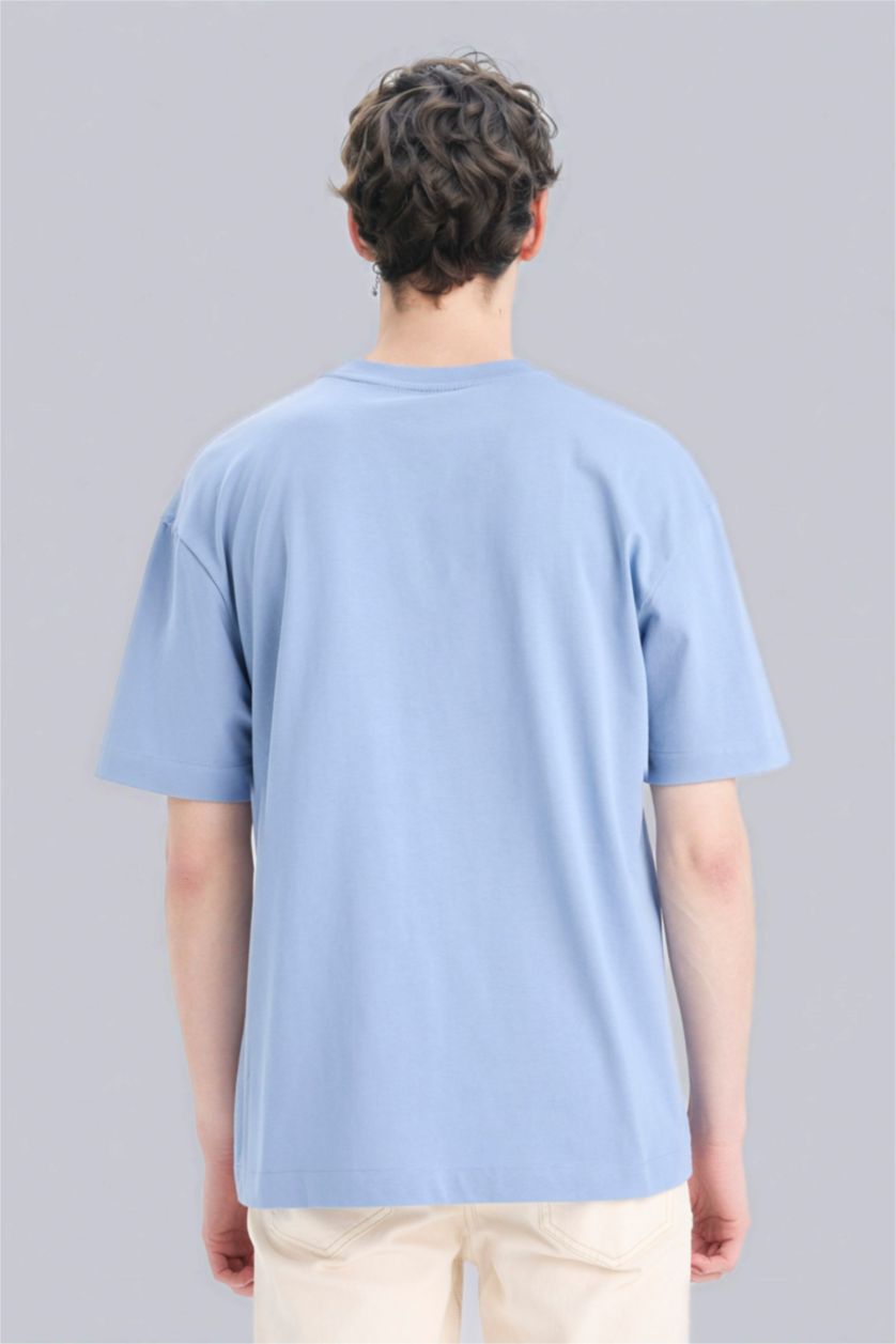 Erkek Mavi %100 Pamuk Oversize Geniş Kalıp Bisiklet Yaka Basic Düz Kısa Kollu Tişört