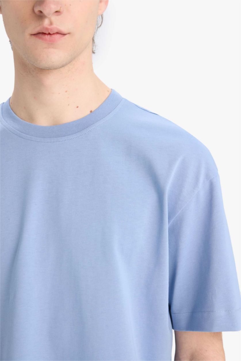 Erkek Mavi %100 Pamuk Oversize Geniş Kalıp Bisiklet Yaka Basic Düz Kısa Kollu Tişört