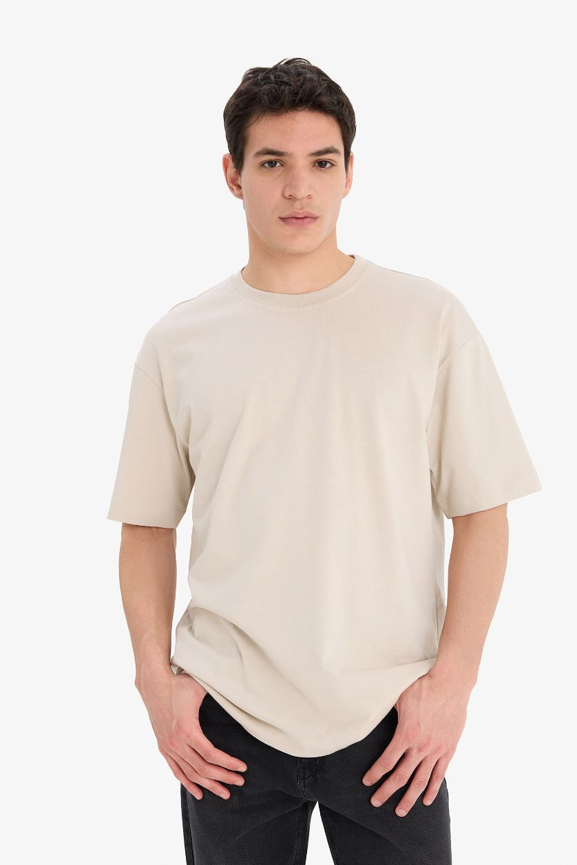 Erkek Bej %100 Pamuk Oversize Geniş Kalıp Bisiklet Yaka Basic Düz Kısa Kollu Tişört