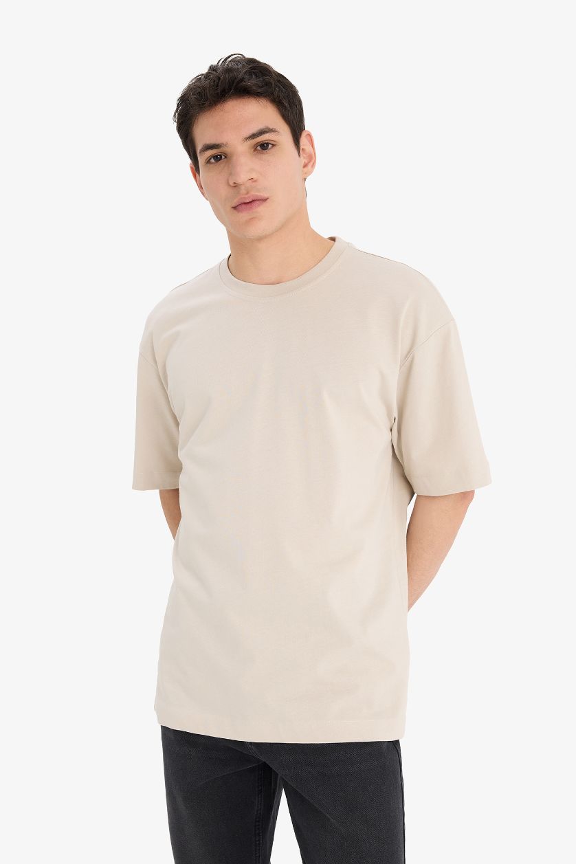 Erkek Bej %100 Pamuk Oversize Geniş Kalıp Bisiklet Yaka Basic Düz Kısa Kollu Tişört