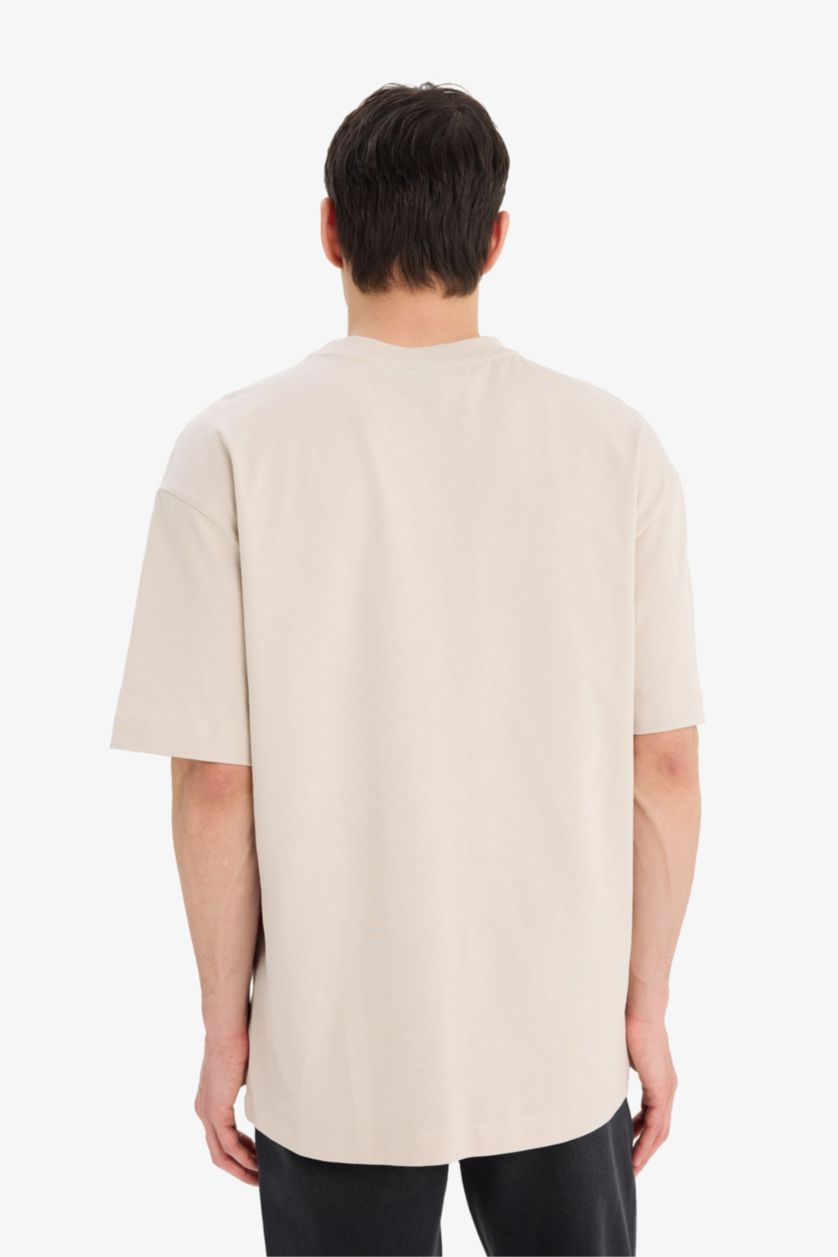 Erkek Bej %100 Pamuk Oversize Geniş Kalıp Bisiklet Yaka Basic Düz Kısa Kollu Tişört