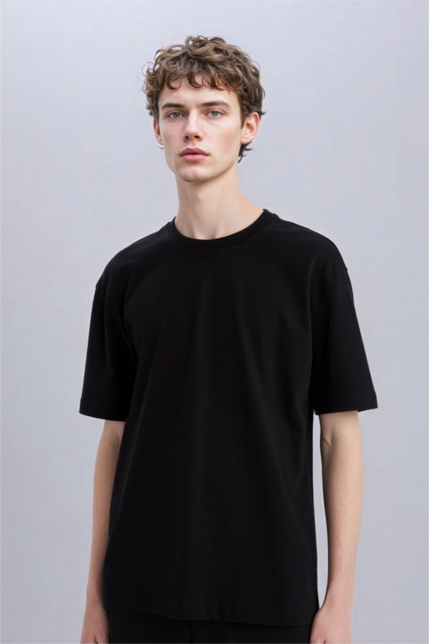Erkek Siyah %100 Pamuk Oversize Geniş Kalıp Bisiklet Yaka Basic Düz Kısa Kollu Siyah Tişört
