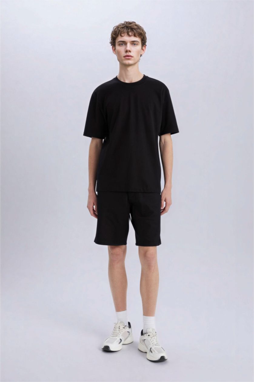 Erkek Siyah %100 Pamuk Oversize Geniş Kalıp Bisiklet Yaka Basic Düz Kısa Kollu Siyah Tişört