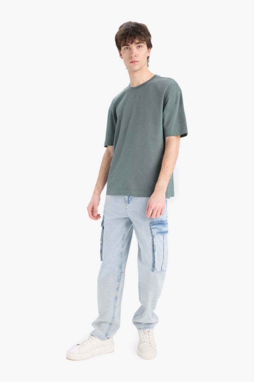 Erkek Yeşil %100 Pamuk Oversize Geniş Kalıp Bisiklet Yaka Basic Düz Kısa Kollu Tişört