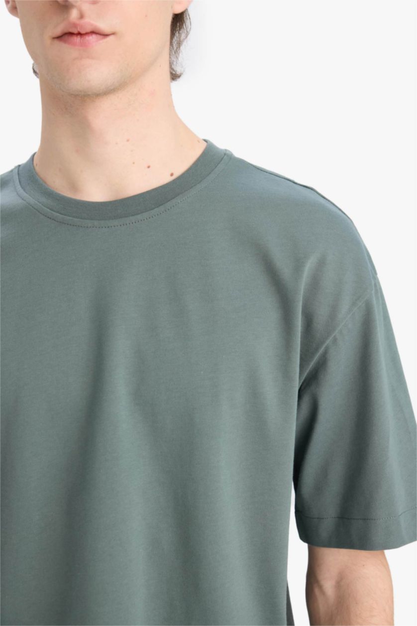 Erkek Yeşil %100 Pamuk Oversize Geniş Kalıp Bisiklet Yaka Basic Düz Kısa Kollu Tişört