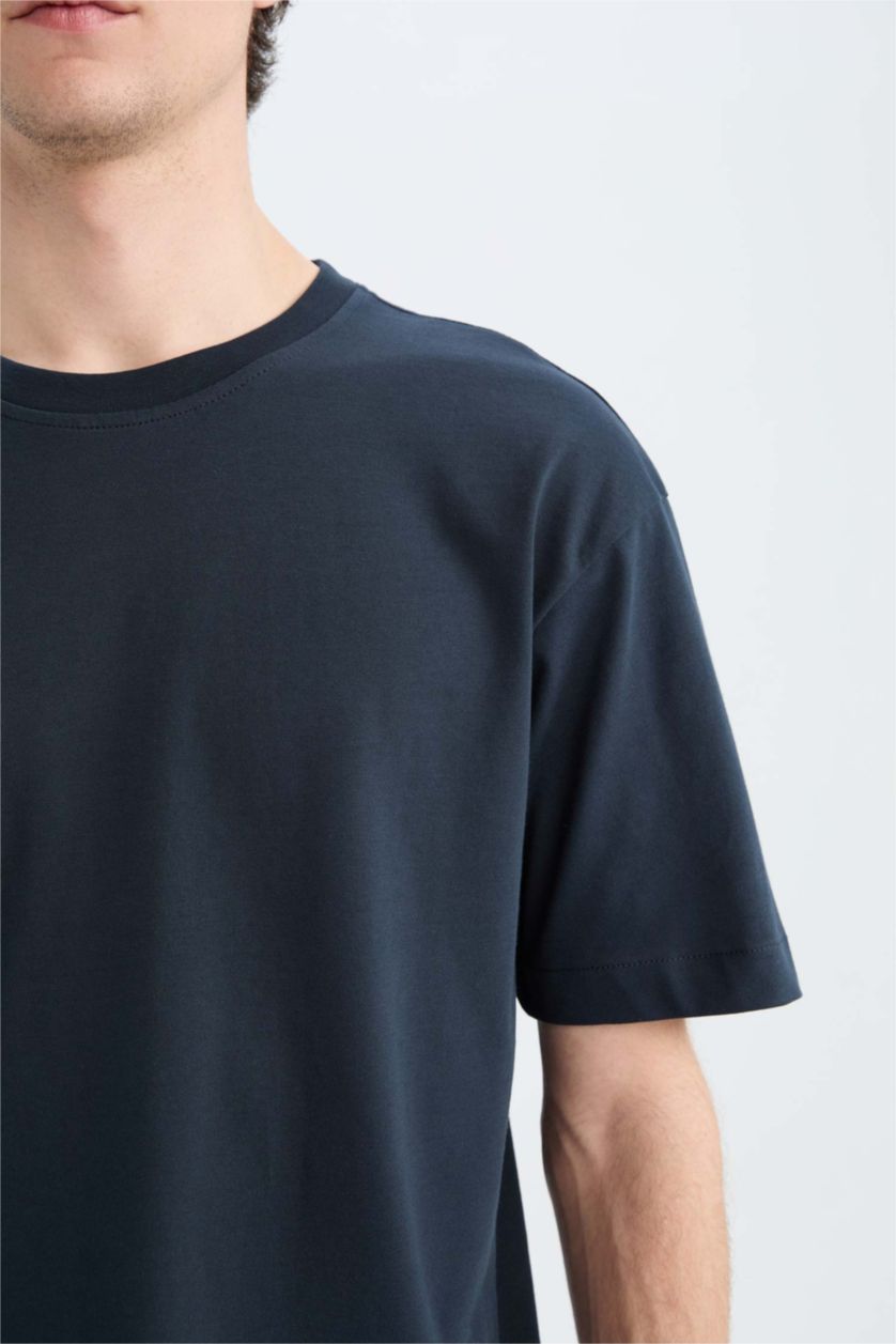 Erkek Lacivert %100 Pamuk Oversize Geniş Kalıp Bisiklet Yaka Basic Düz Kısa Kollu Tişört