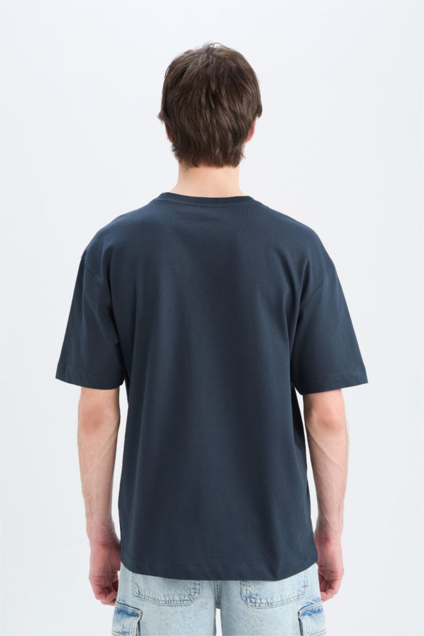 Erkek Lacivert %100 Pamuk Oversize Geniş Kalıp Bisiklet Yaka Basic Düz Kısa Kollu Tişört