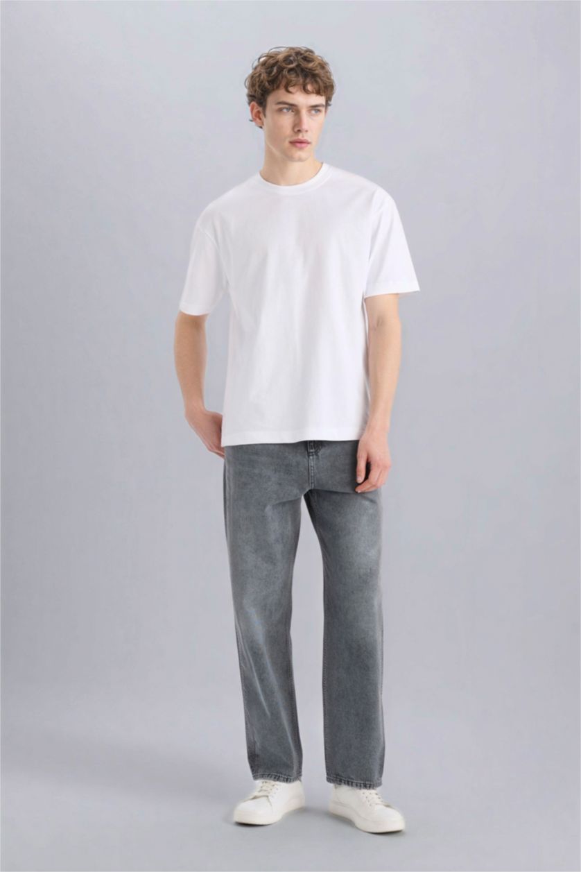 Erkek Beyaz %100 Pamuk Oversize Geniş Kalıp Bisiklet Yaka Basic Düz Kısa Kollu Beyaz Tişört