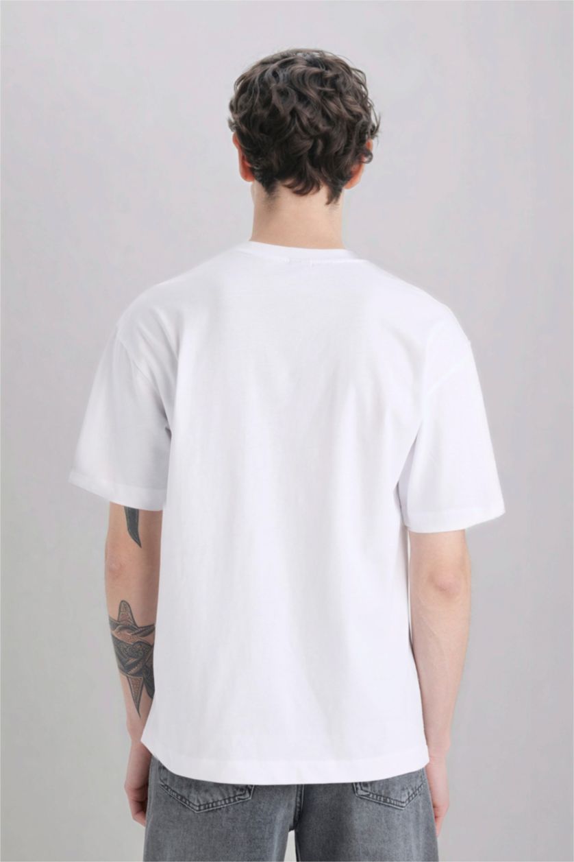 Erkek Beyaz %100 Pamuk Oversize Geniş Kalıp Bisiklet Yaka Basic Düz Kısa Kollu Beyaz Tişört