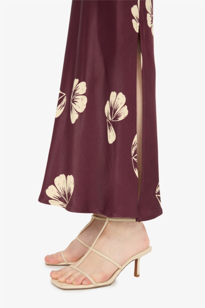 نساء ميلانج خمري فستان ميدي فلورال ستان بياخة مع طيات بحمالات