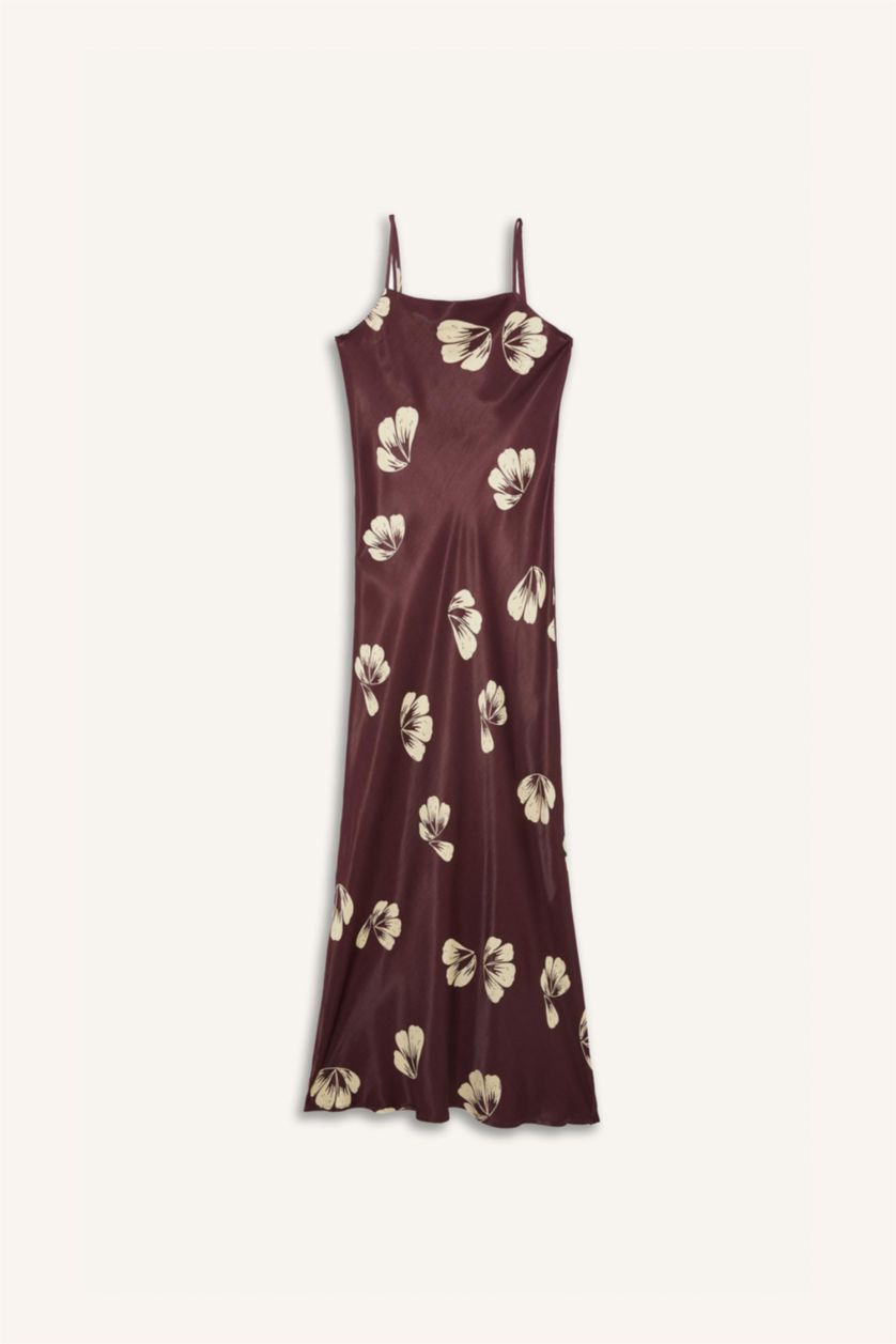 نساء ميلانج خمري فستان ميدي فلورال ستان بياخة مع طيات بحمالات