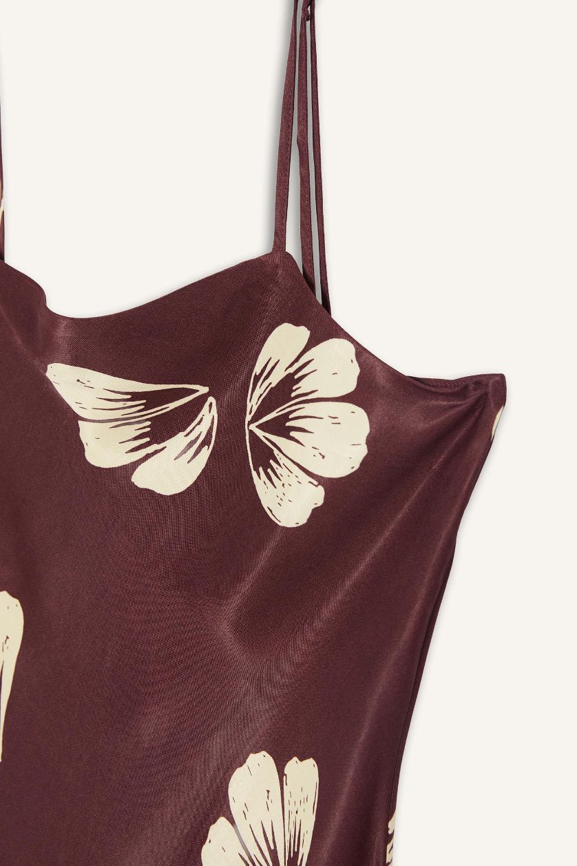 نساء ميلانج خمري فستان ميدي فلورال ستان بياخة مع طيات بحمالات