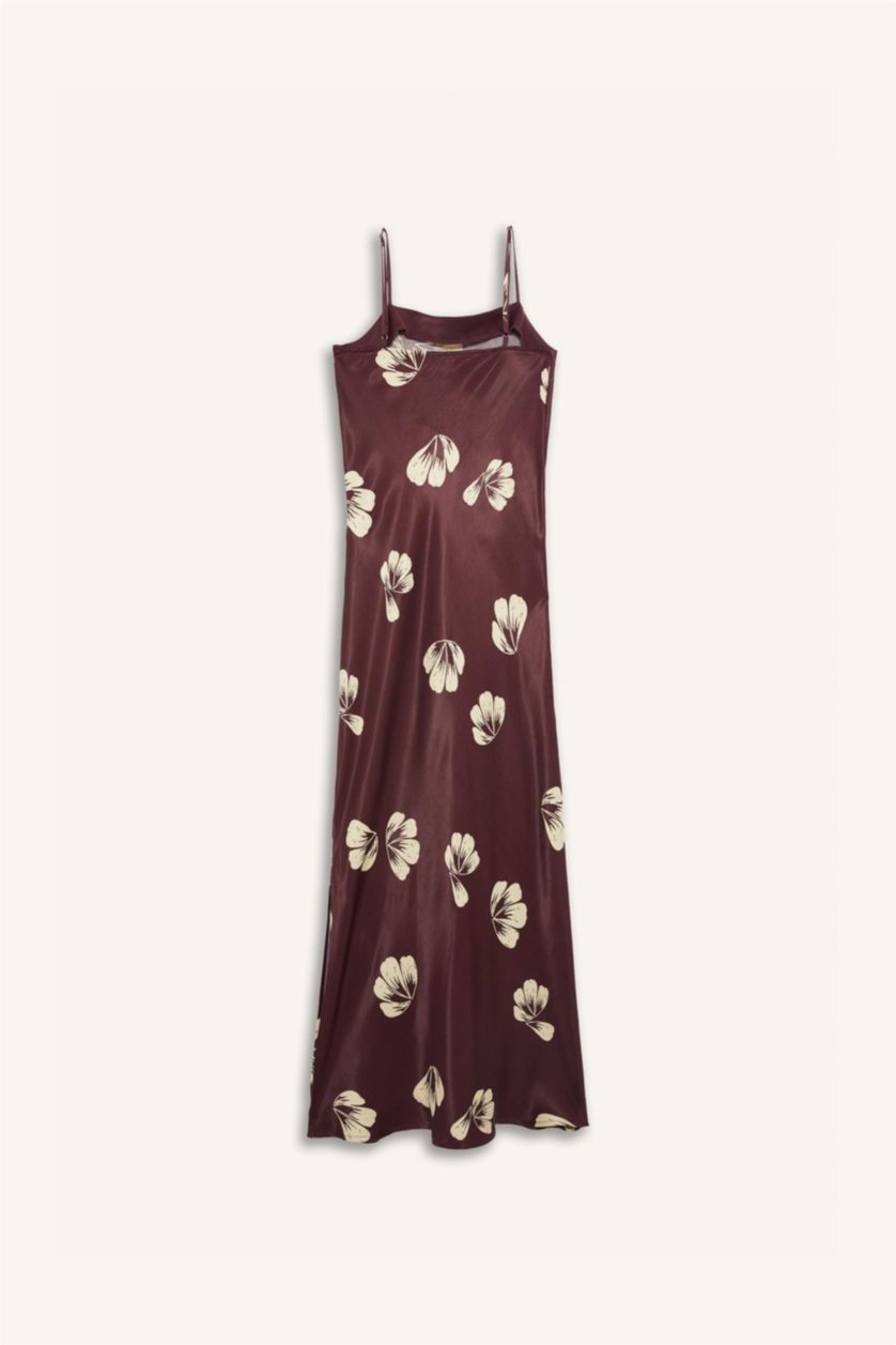 نساء ميلانج خمري فستان ميدي فلورال ستان بياخة مع طيات بحمالات