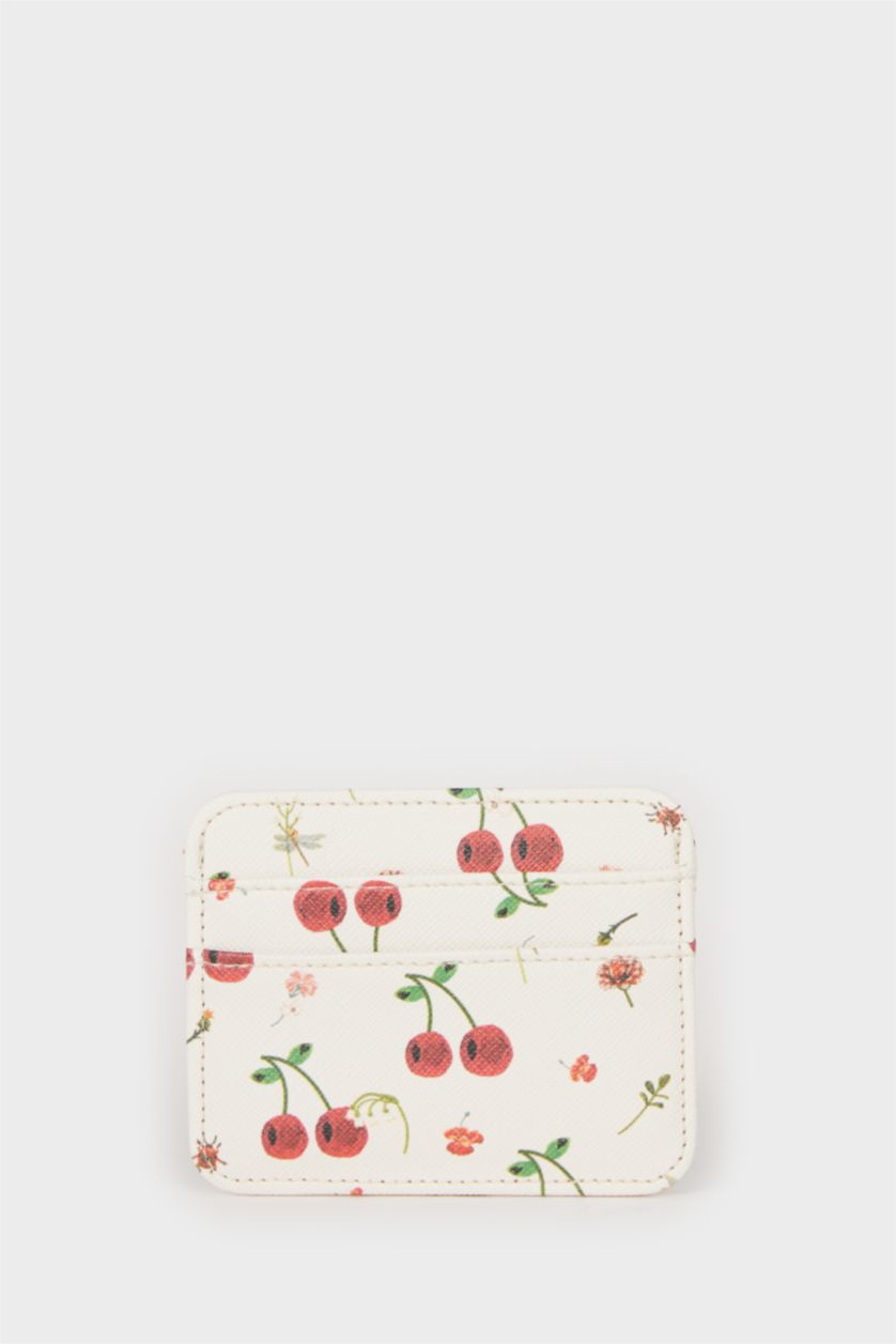 Kadın Bej Kadın Kiraz Desenli Suni Deri Kartlık