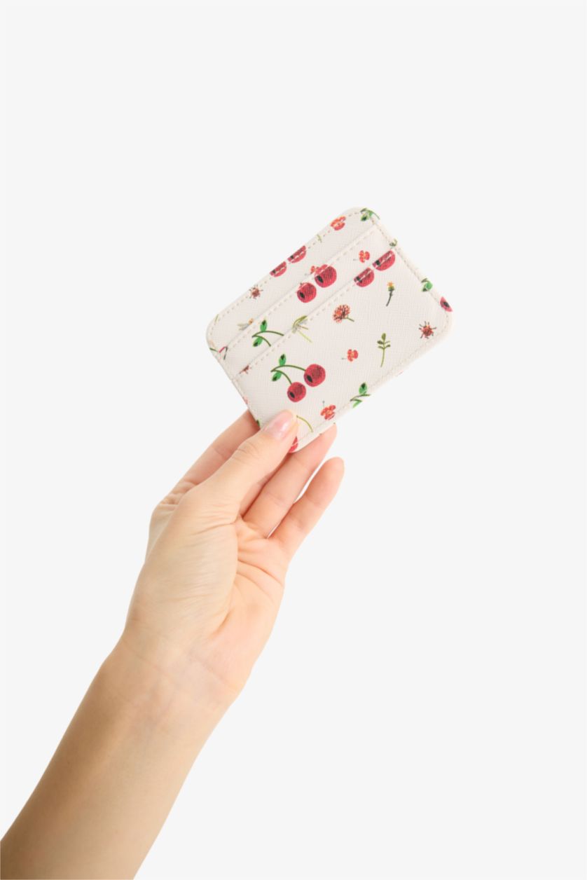 Kadın Bej Kadın Kiraz Desenli Suni Deri Kartlık